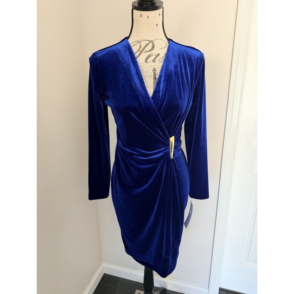 New Calvin Klein Electric Blue Velvet Wrap Style Dress w/Gold Detail 8P Petite